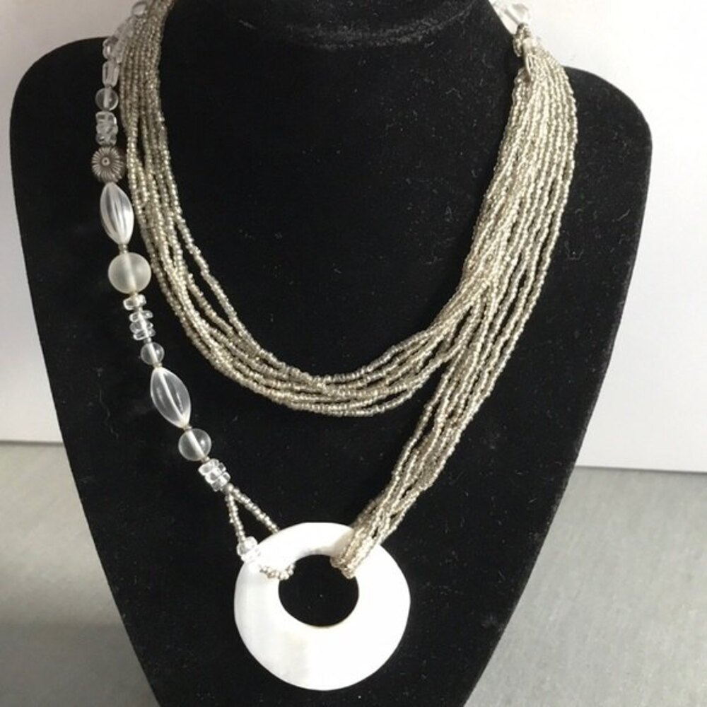 Vintage Handmade Long Crystal Sterling Silver Shell 32 Inch Necklace